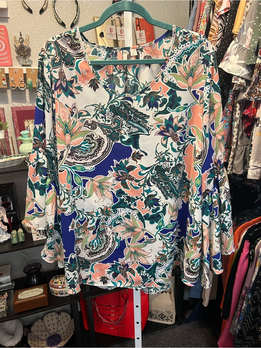 Cato Floral Paisley V-Neck Blouse in Teal, Navy & Peach